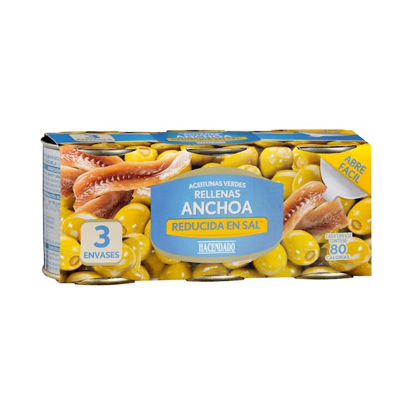 Aceitunas manzanilla rellenas de anchoa Hacendado reducidas en sal mercadona
