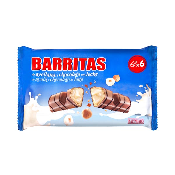 Barritas de barquillo Hacendado con relleno de avellana cubiertas de chocolate con leche mercadona