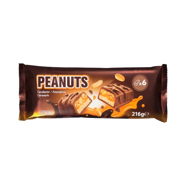 Barritas Peanuts bañadas de chocolate con leche y rellenas con caramelo, cacahuetes tostados y crema azucarada Hacendado mercadona