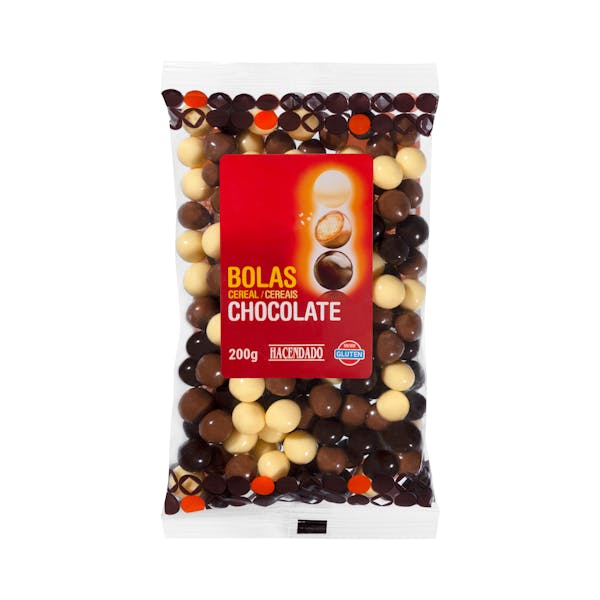 Bolas de cereal bañadas Hacendado de chocolate negro, con leche y blanco mercadona