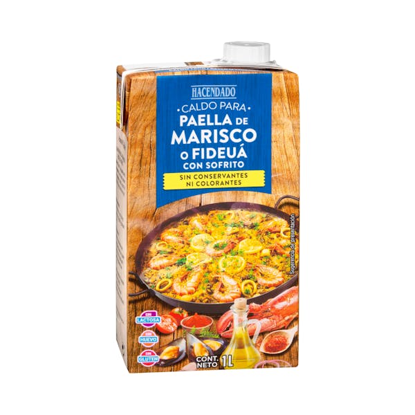 Caldo de marisco o fideuá para paella Hacendado con sofrito mercadona