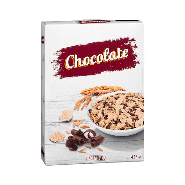 Cereales copos tostados de trigo integral y arroz Hacendado con chocolate mercadona