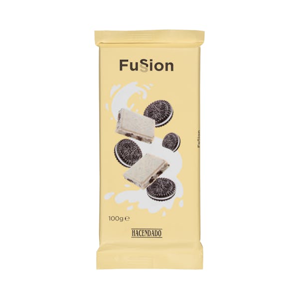Chocolate blanco Fussion Hacendado galletas al cacao mercadona