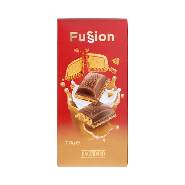 Chocolate con leche Fussion Hacendado relleno de galleta caramelizada mercadona