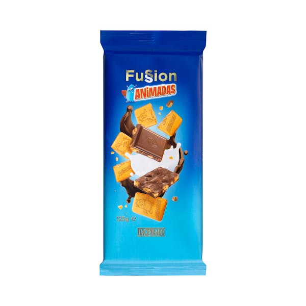 Chocolate extrafino con leche Fussion Hacendado con galletas animadas mercadona