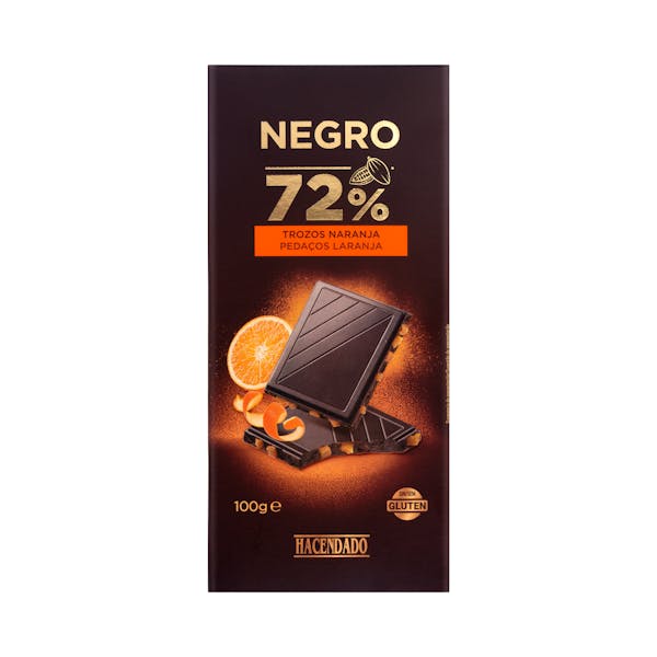 Chocolate negro 72% cacao Hacendado con trozos de naranja mercadona