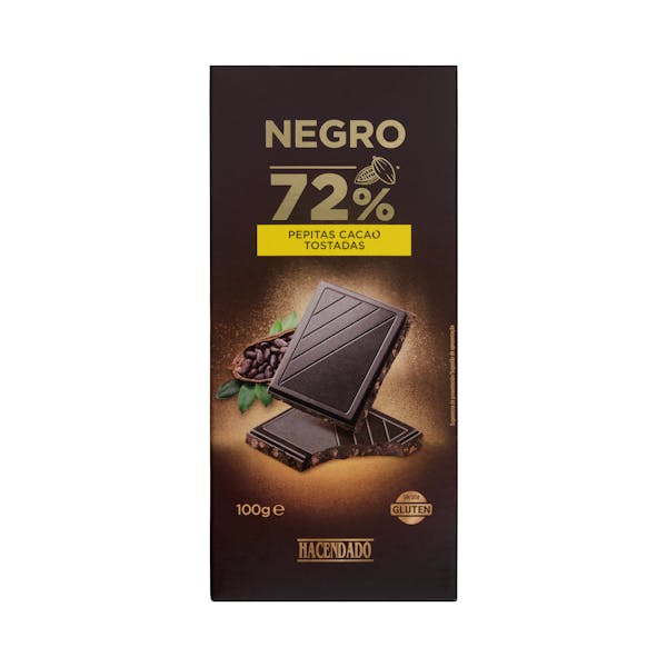 Chocolate negro 72% de cacao Hacendado con pepitas de cacao caramelizadas mercadona