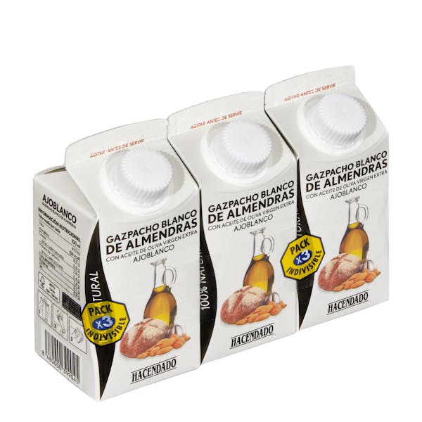 Gazpacho blanco de almendras Hacendado con ajo blanco mercadona