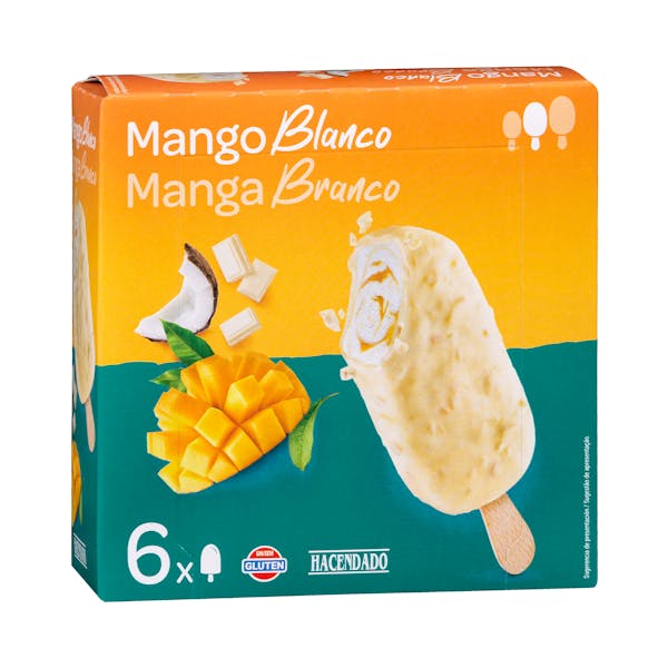 Helado bombón mango blanco Hacendado con salsa de mango y cobertura de chocolate blanco con trozos de coco crujientes mercadona