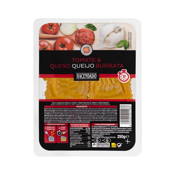 Pasta fresca ravioli tomate y queso burrata Hacendado mercadona