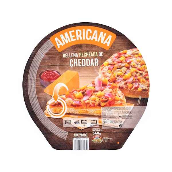 Pizza americana rellena de cheddar Hacendado ultracongelada mercadona