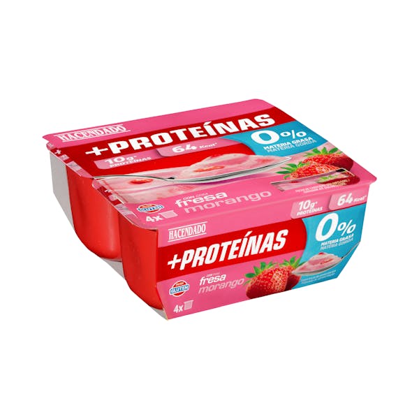Postre lácteo con fresa +Proteínas Hacendado 0% m.g 10 g proteínas mercadona