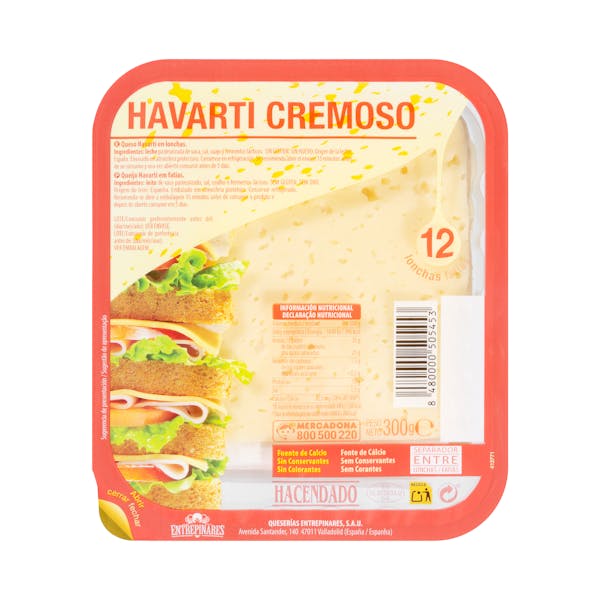 Queso lonchas cremoso havarti de vaca Hacendado mercadona