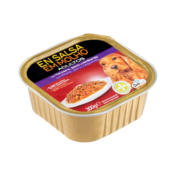 Trozos en salsa perro adulto Delikuit con ternera, pavo y verduras mercadona