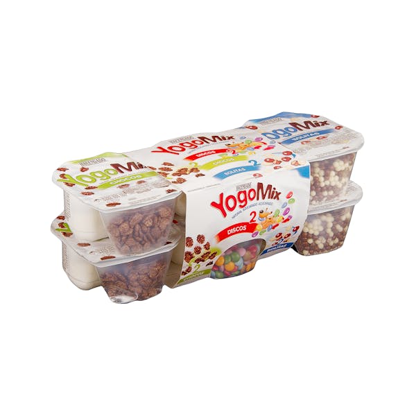 Yogur azucarado YogoMix Hacendado variado de copos maíz, bolitas y disquitos chocolateados mercadona
